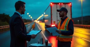 Caminhoneiro e advogado analisando documentos ao lado de caminhão em parada noturna