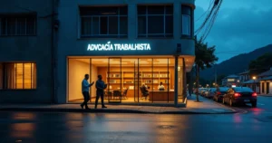 Fachada de escritório de advocacia trabalhista em Coronel Fabriciano à noite