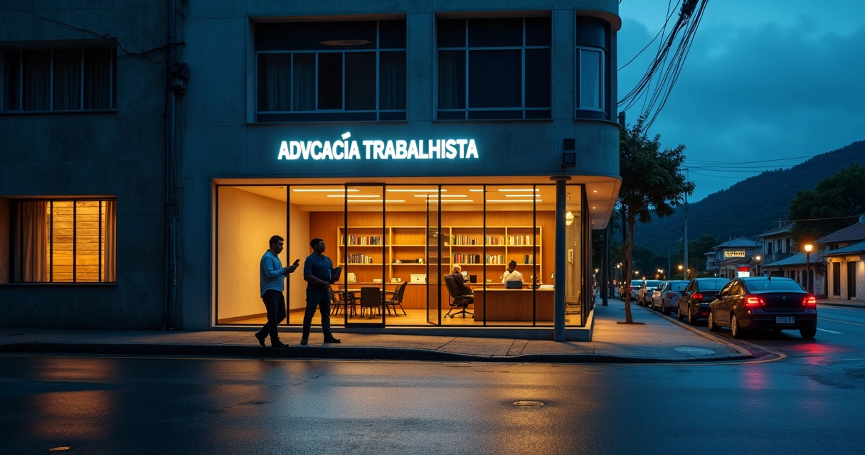 Fachada de escritório de advocacia trabalhista em Coronel Fabriciano à noite